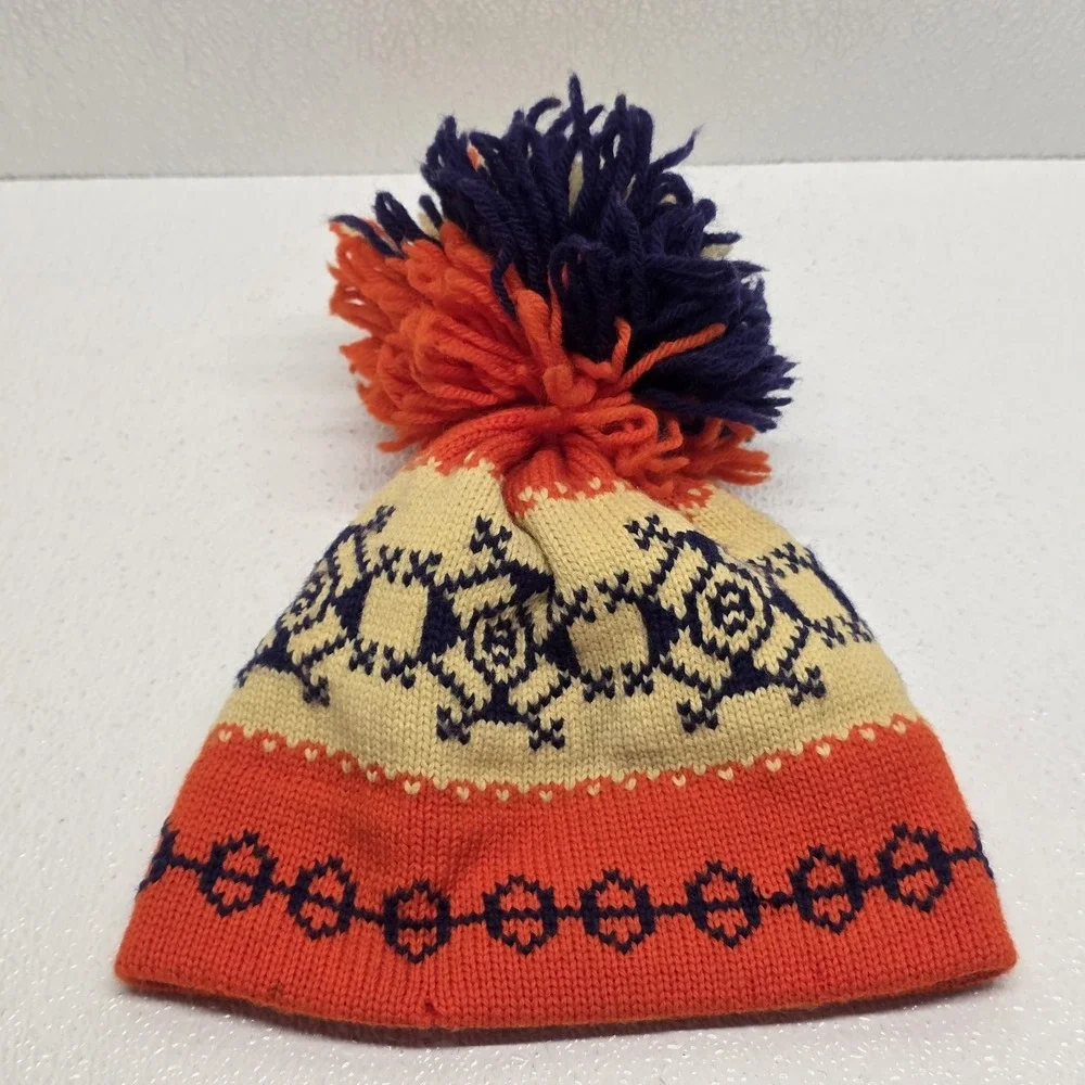 Vintage Roasty Toasty Wool Big Pom Hat Winter Ski Blue Orange Cream Snowflake